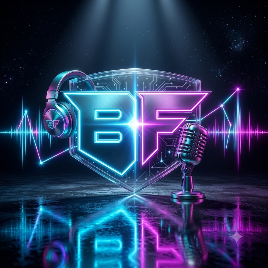 BarrzFlow EP artwork: neon BF shield with headphones, studio mic and waveforms